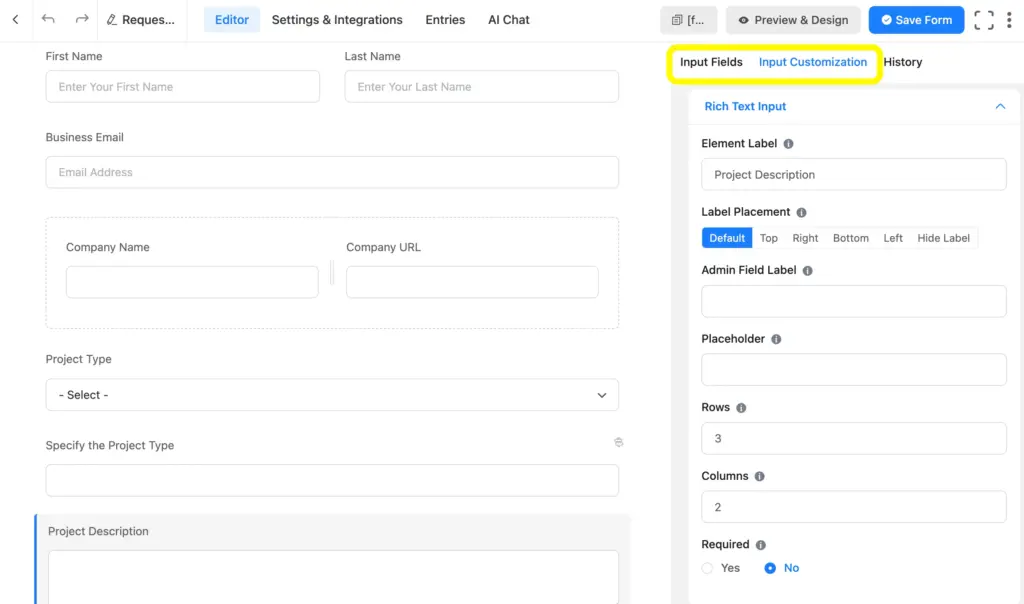 Click on the field name or drag and drop your preferred fields and easily customize the fields using Fluent Forms on your WordPress site.