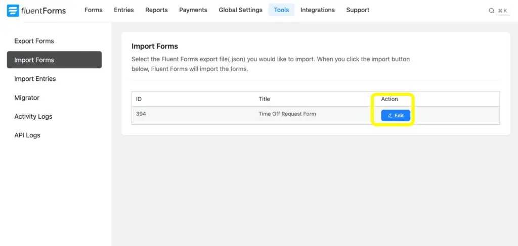 Once you've imported a form, click the Edit button and go to the editor page to customize the form.