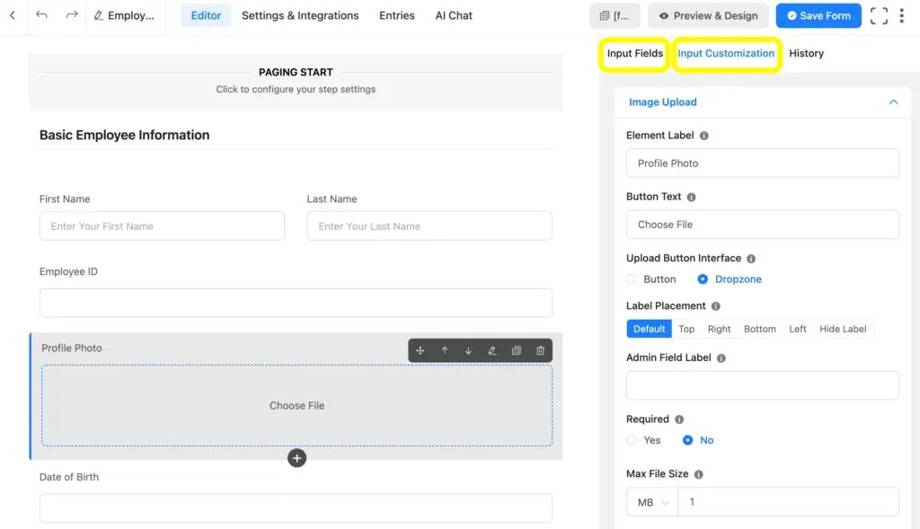 At the right side of the editor field of Fluent Forms, you'll find the Input Fields and Input Customization.