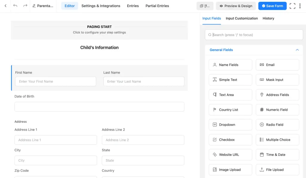 Add and customize child's and parent's information fields using the input fields and input customization from the Fluent Forms' editor page