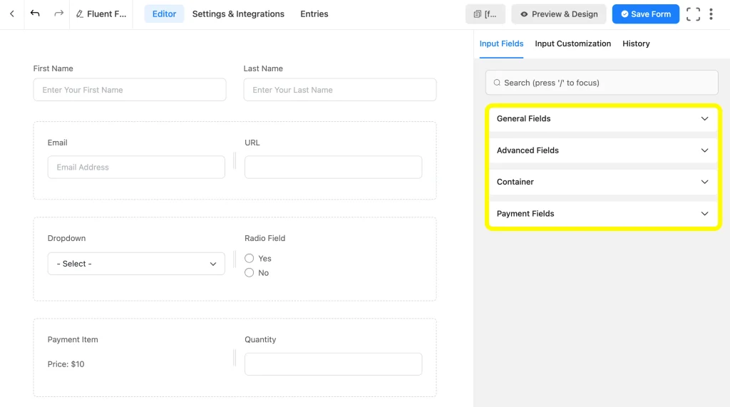 Use the Fluent Forms' free fields to make your form functional and customize the forms easily without coding.