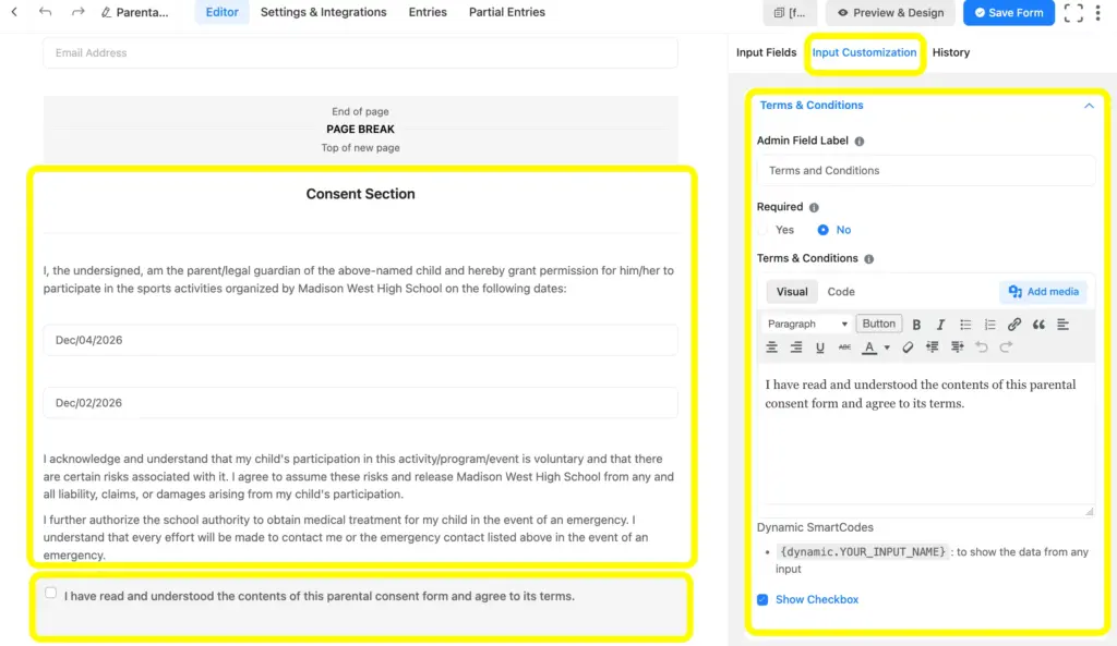 Add consent terns using the section break and text fields
