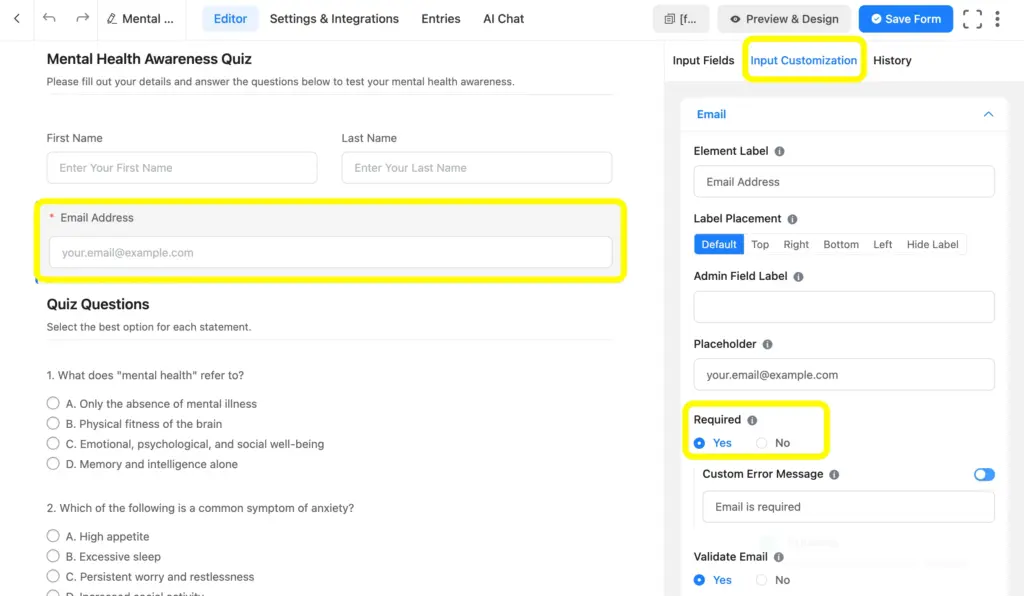 In a lead generation quiz form, mark the email field as a required one.