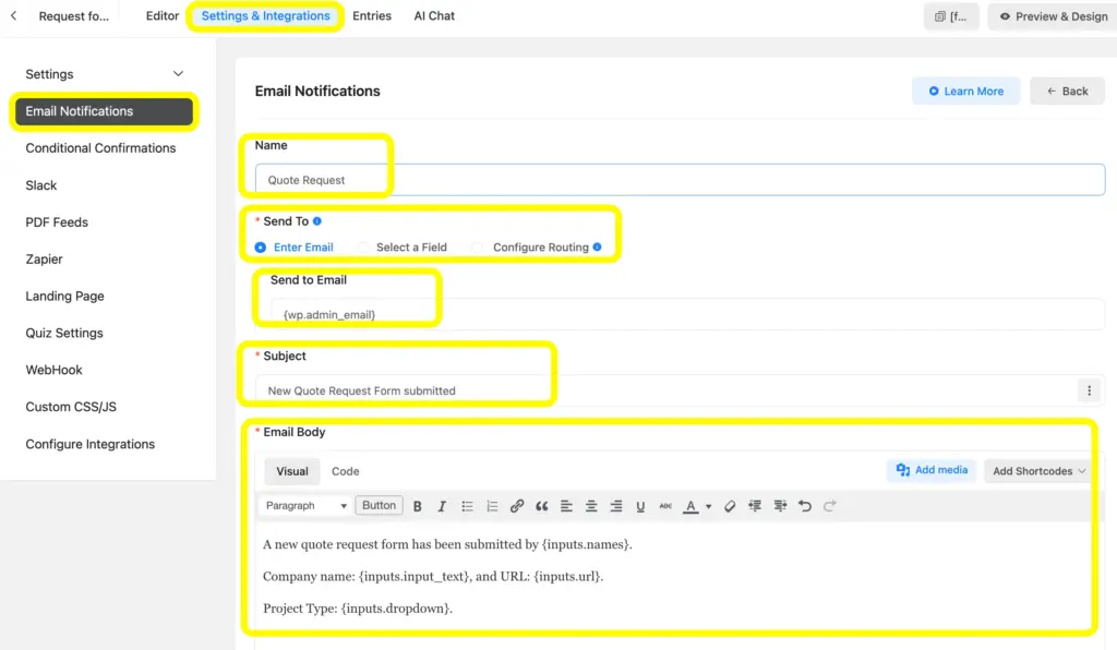 Configure email notifications from the Settings and Integrations of the form and set up it to send to the users or admins.