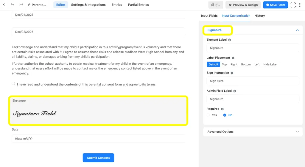 Add a digital signature field in your consent forms using the fluent forms signature add-on pro