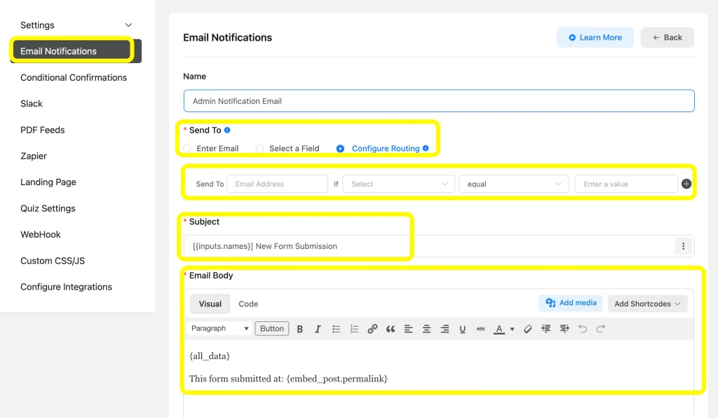 Use the Email Notifications settings and send emails to multiple users along with conditional routing once a form is submitted.