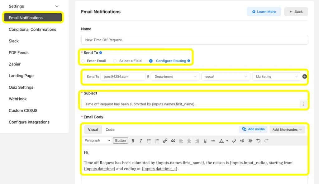 Set up email notification in Fluent Forms along with the configure routing option.