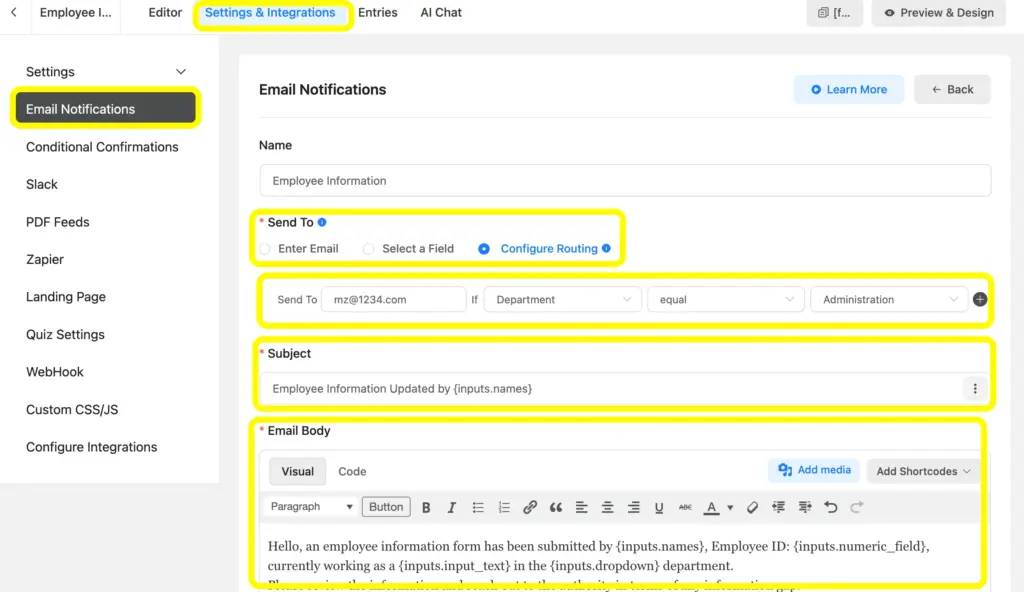 Set up Email Notifications and set it with configure routing based on the conditions.