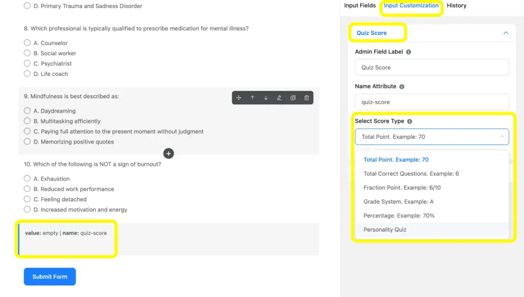 Add quiz score field to your quiz form and automate scoring calculation.