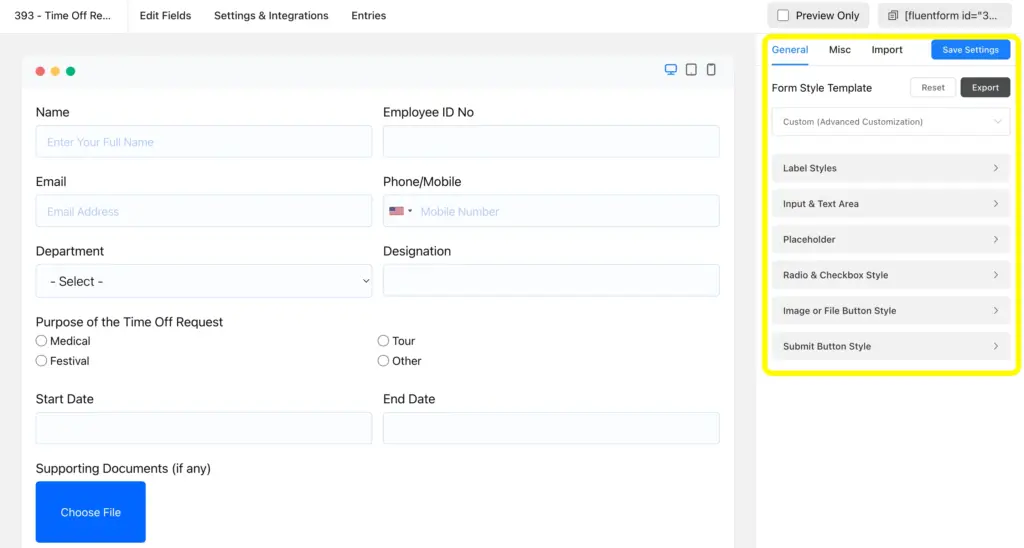 Check the preview of a Fluent Forms' form by clicking the preview and design and apply the advanced form styler.