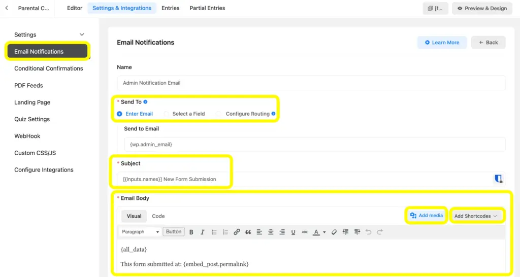 Enable email notification and get notified whenever a form is submitted.