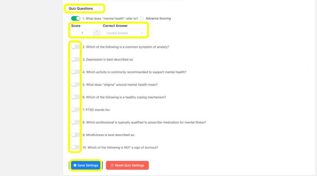 Toggle on the questions to set up the score and the correct answer, inside the quiz settings of the form's settings & integrations.