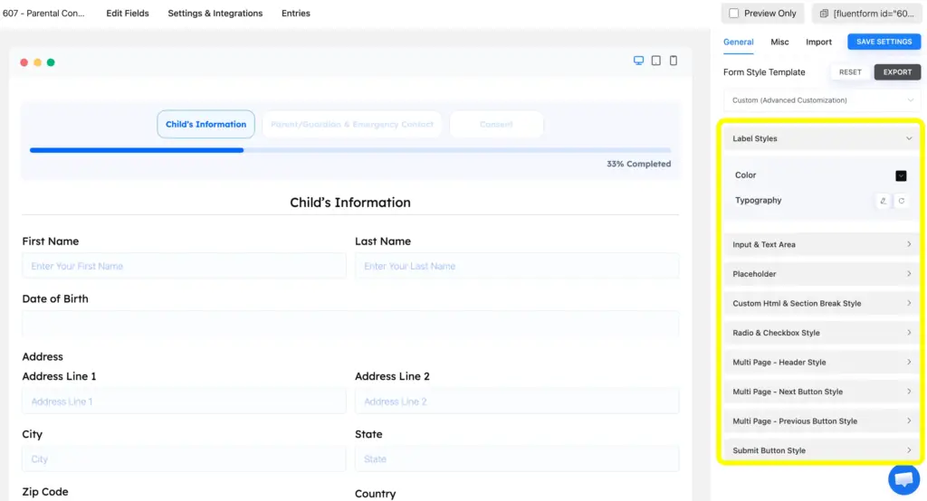 Choose the preview and design button from your form editor page and check how the form works. Use the advanced form styler to customize the form's appearance.