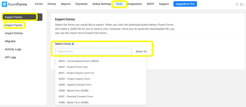 Easily import and export the forms using the 'Tools' of Fluent Forms.