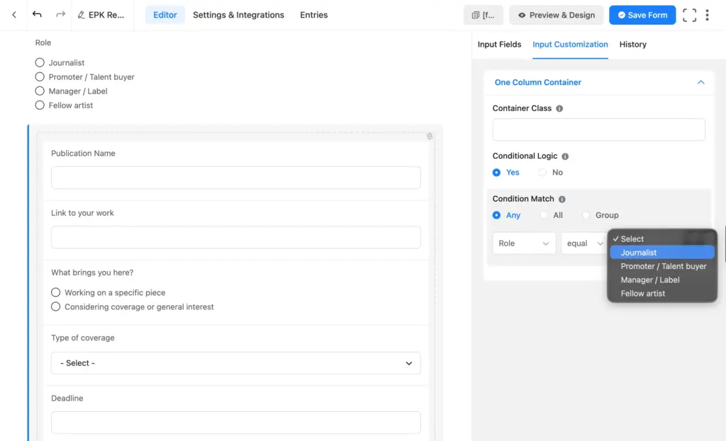 Fluent Forms editor setting conditional logic on a container to show journalist fields when Role equals Journalist