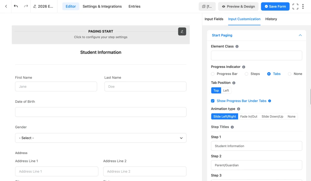 Configuring step titles and a progress indicator for a multi-step school enrollment form in Fluent Forms