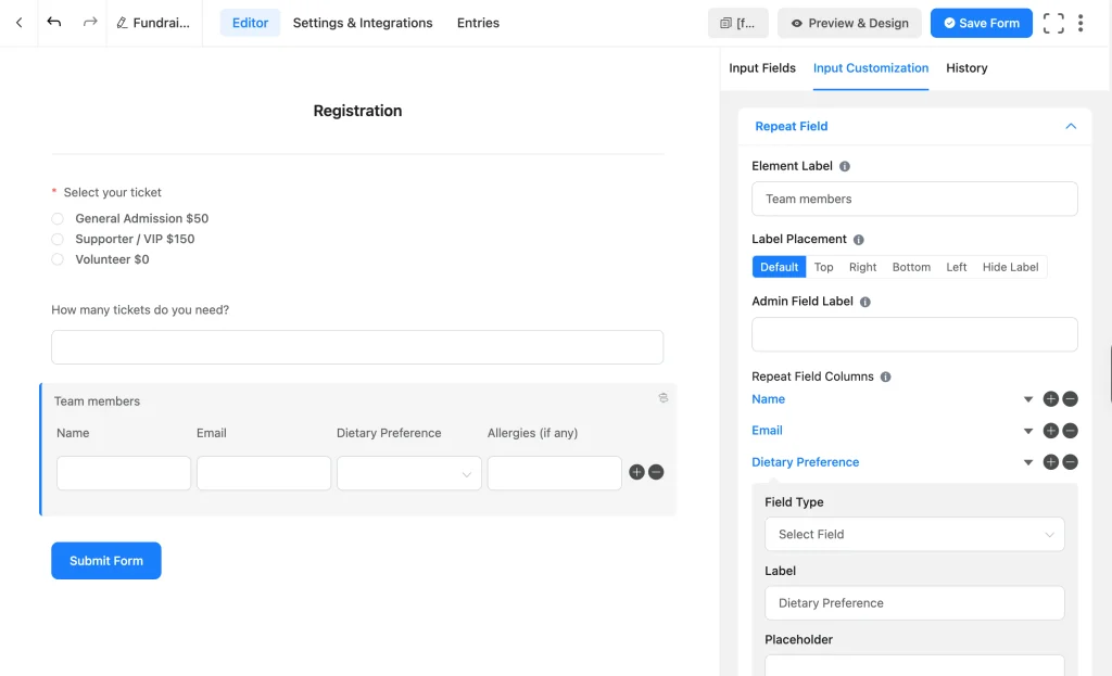 Team members repeat field with name, email, dietary preference, and allergies columns in Fluent Forms