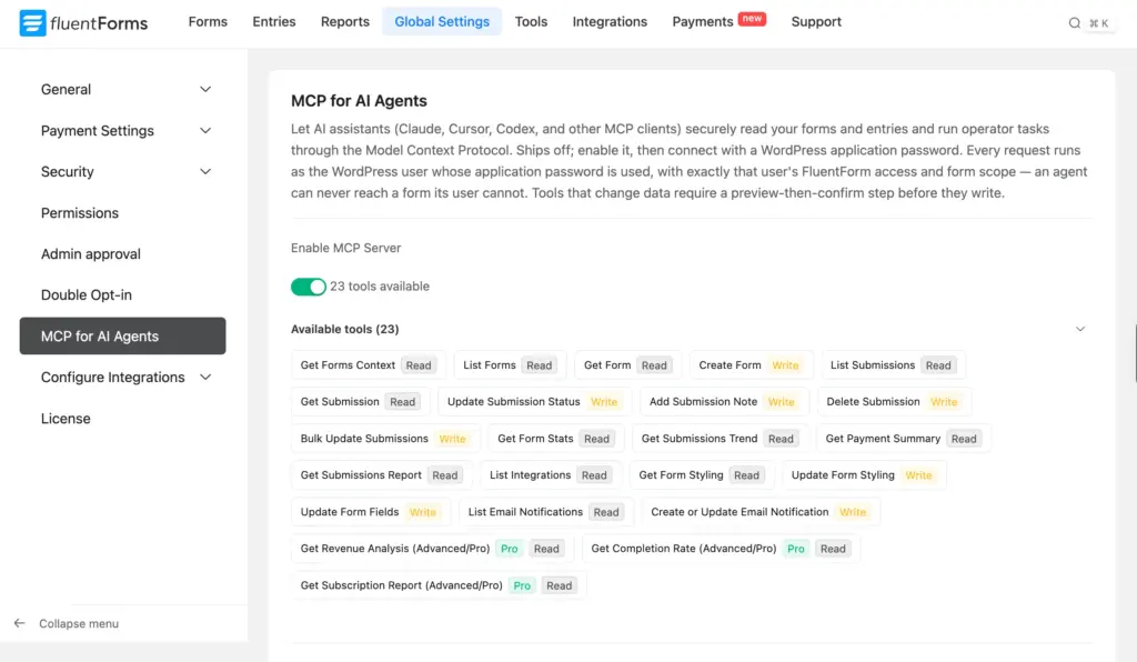 The MCP settings page with the Available tools section expanded, showing all 23 tools tagged Read and Write