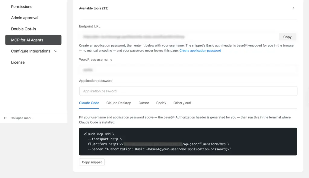 The MCP for AI Agents connection panel showing the endpoint URL, the WordPress username field, an empty application password field, and client tabs for Claude Code, Claude Desktop, Cursor, Codex, and curl, with a ready-to-paste connection snippet below