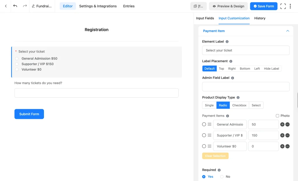 Payment Item field with General Admission, Supporter, and Volunteer ticket tiers priced in Fluent Forms