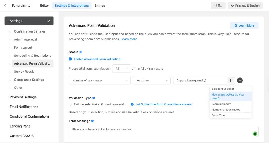Advanced Form Validation rule requiring teammate count to be less than ticket quantity in Fluent Forms