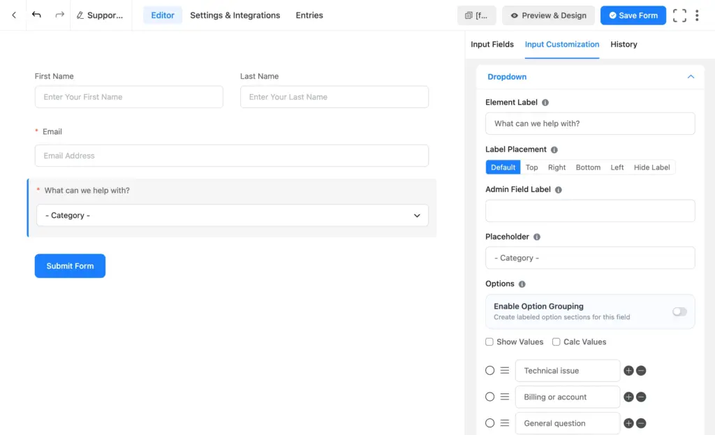 Category dropdown field with three support options in Fluent Forms