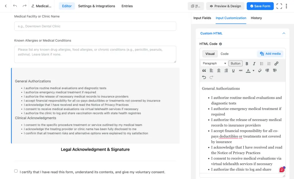 Adding a consent statement with a Custom HTML field and an agreement checkbox in Fluent Forms