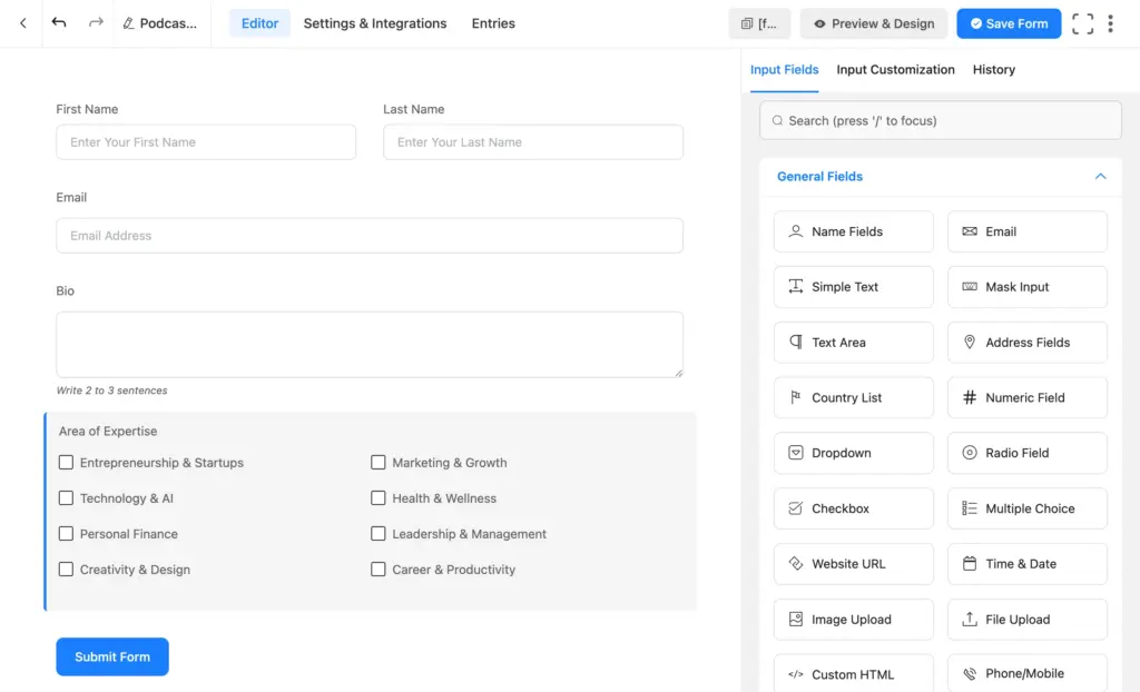contact and background fields on the podcast guest application form