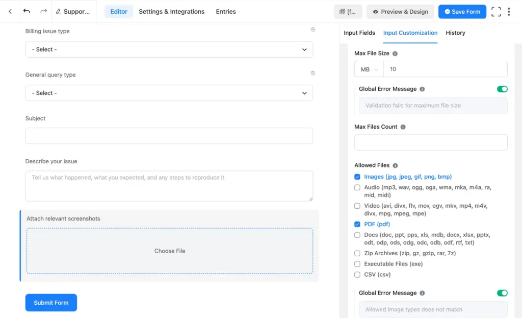 Subject, description text area, and file upload fields in the Fluent Forms editor