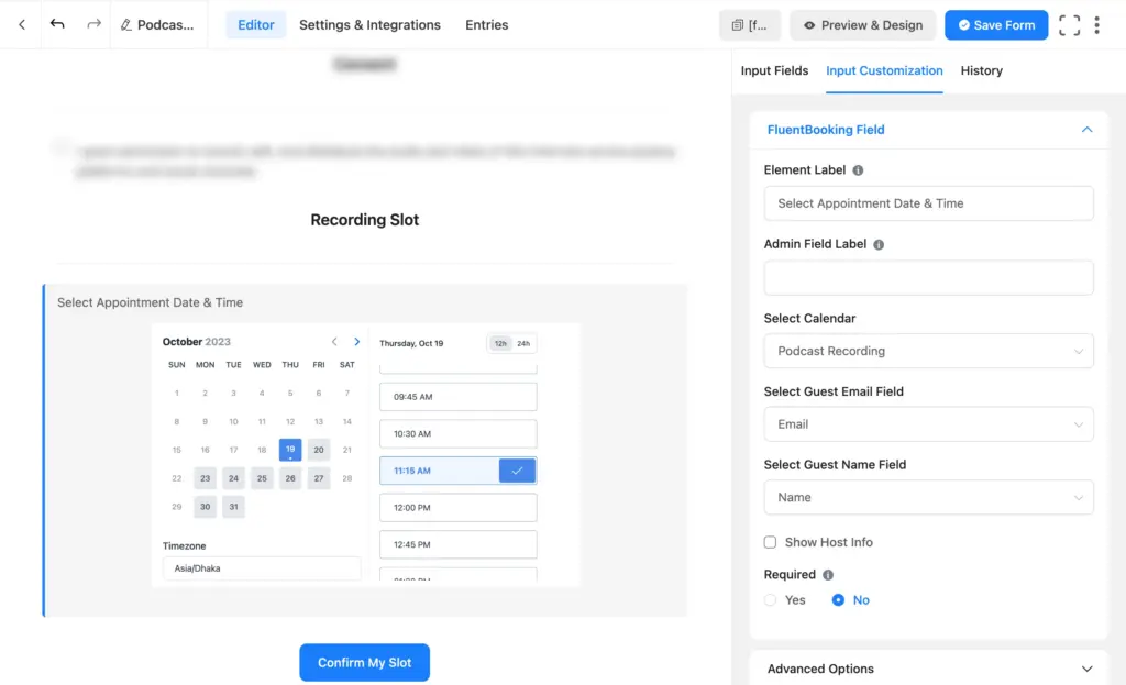 FluentBooking field settings mapping the calendar, name, and email
