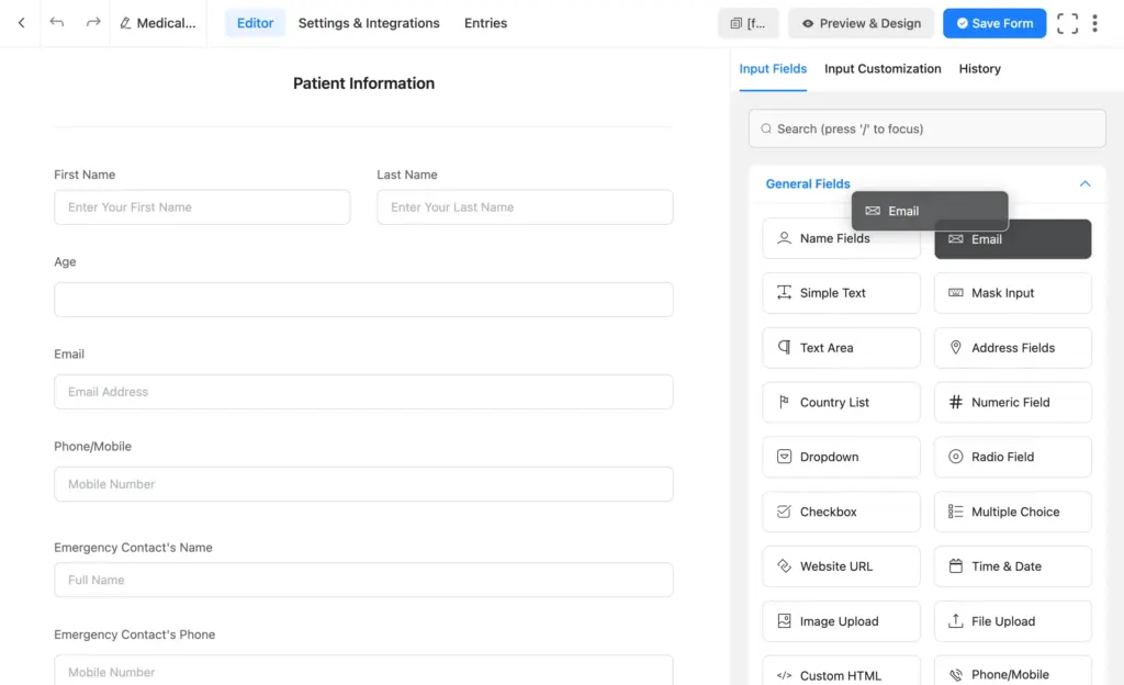 Dragging and arranging patient information fields in the Fluent Forms editor