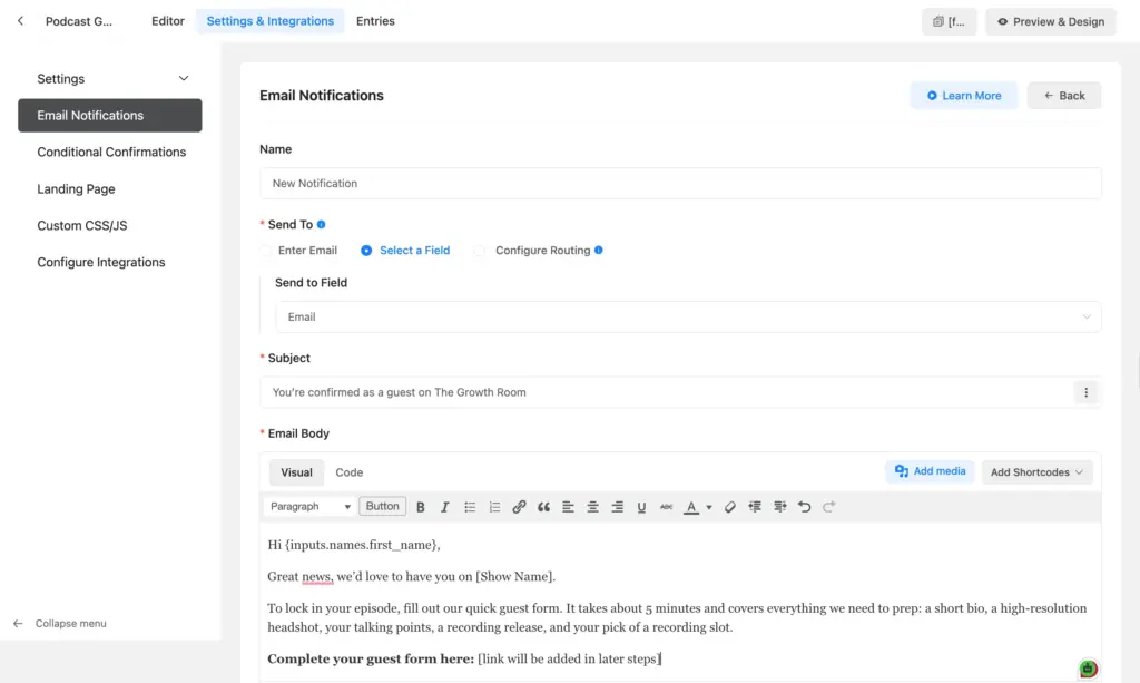 email notification settings for the application form
