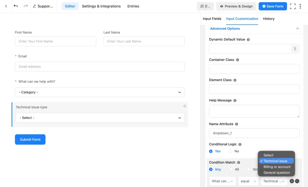 Setting up a sub category for a parent category with a Conditional logic rule in Fluent Forms