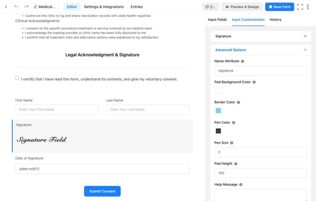 Adding a Signature field so patients can sign the consent form by hand