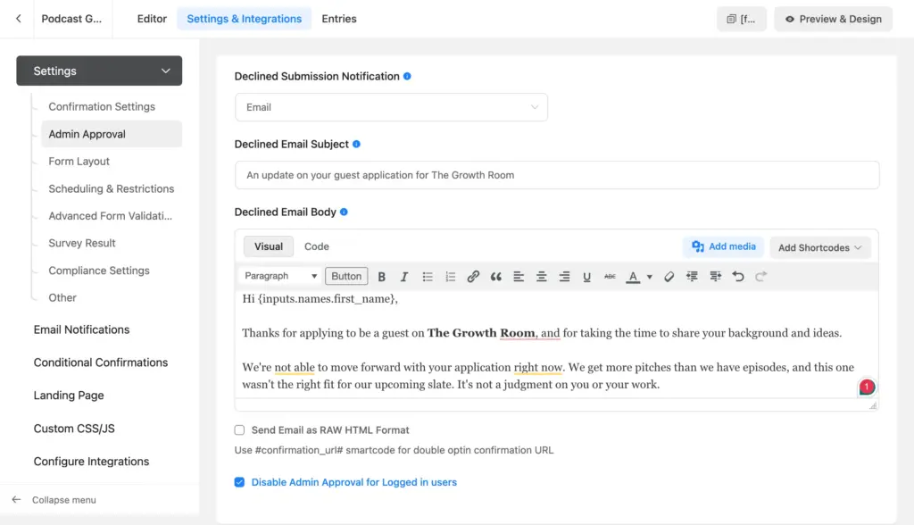 declined submission notification settings with the email field mapped