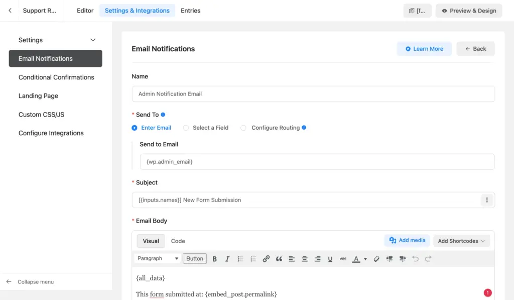 Default admin email notification settings in Fluent Forms