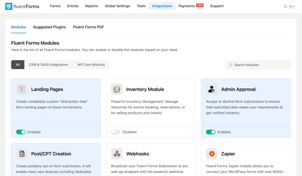 enabling the Admin Approval module in Fluent Forms integrations