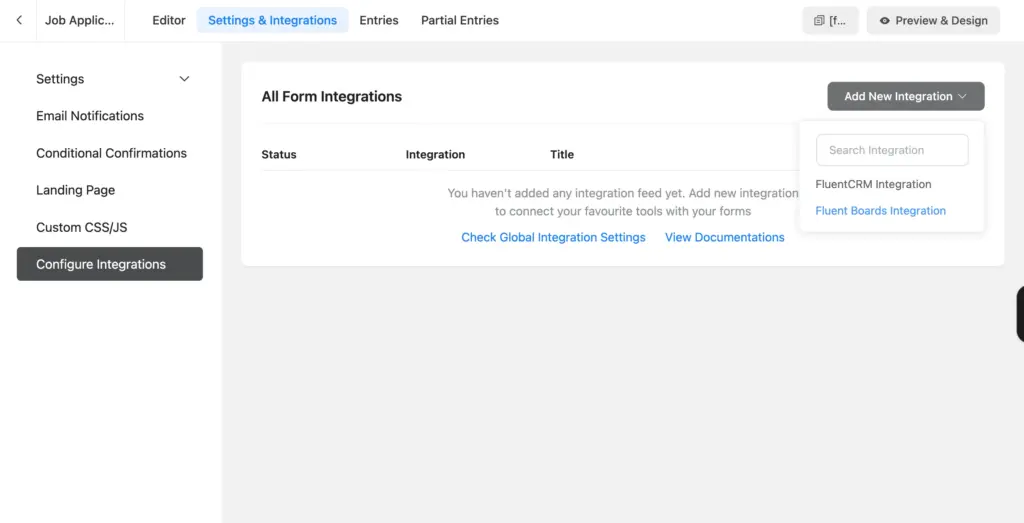 Configure Integrations screen with the Add New Integration dropdown open and Fluent Boards Integration highlighted.