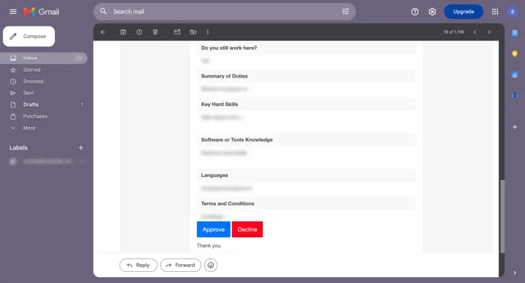 Admin approval email showing submitted form data (name, email, phone) with a blue Approve button and a red Decline button.