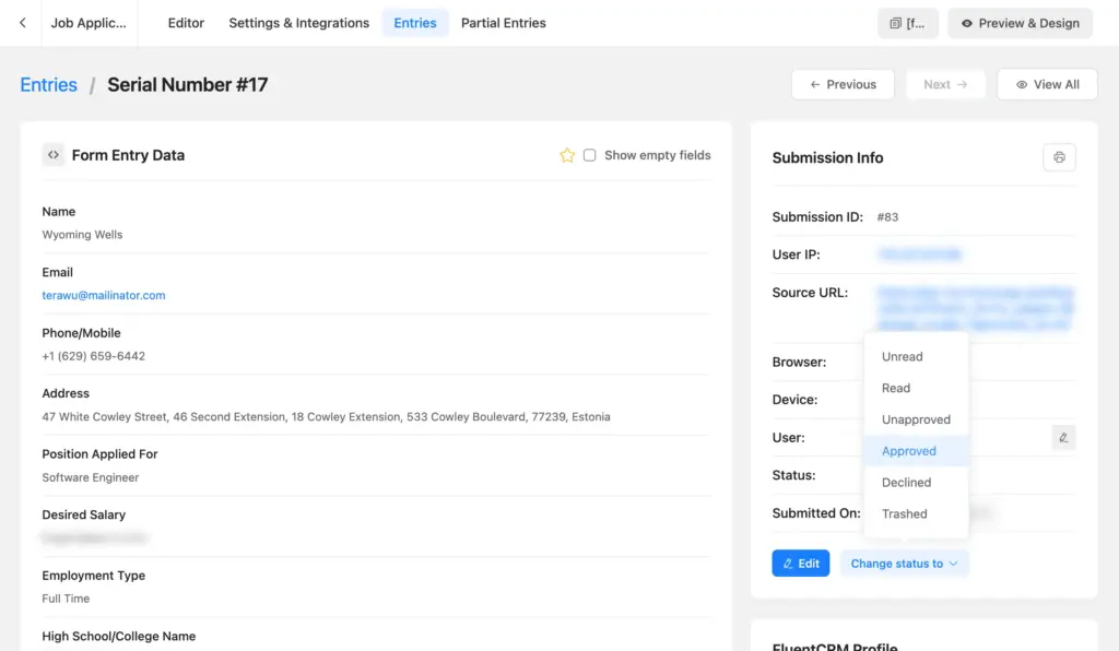 Fluent Forms entry detail view with the Submission Info Change status to dropdown open, showing Unread, Read, Unapproved, Approved, Declined, and Trashed options.