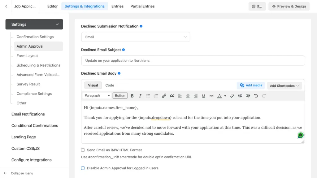 Declined Submission Notification settings showing the Email field selected, the Declined Email Subject and Body editor.