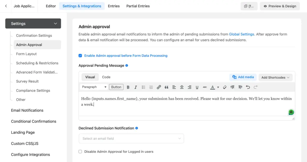 Per-form Admin approval settings with "Enable Admin approval before Form Data Processing" checked and a custom Approval Pending Message.