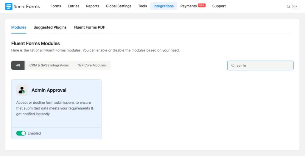Fluent Forms Modules screen with the Admin Approval module card toggled to Enabled (green).
