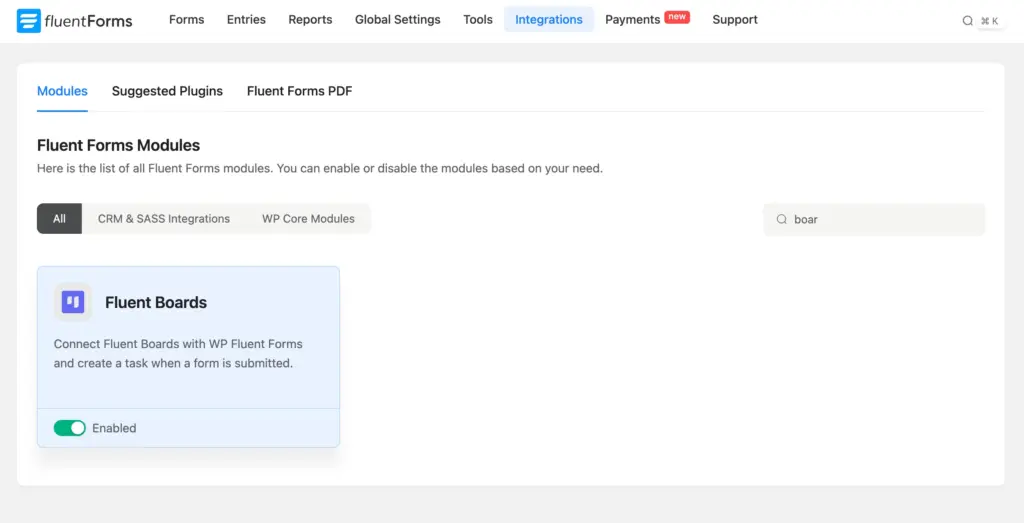 Fluent Forms Modules screen with "boar" typed in search and the Fluent Boards module card toggled to Enabled.