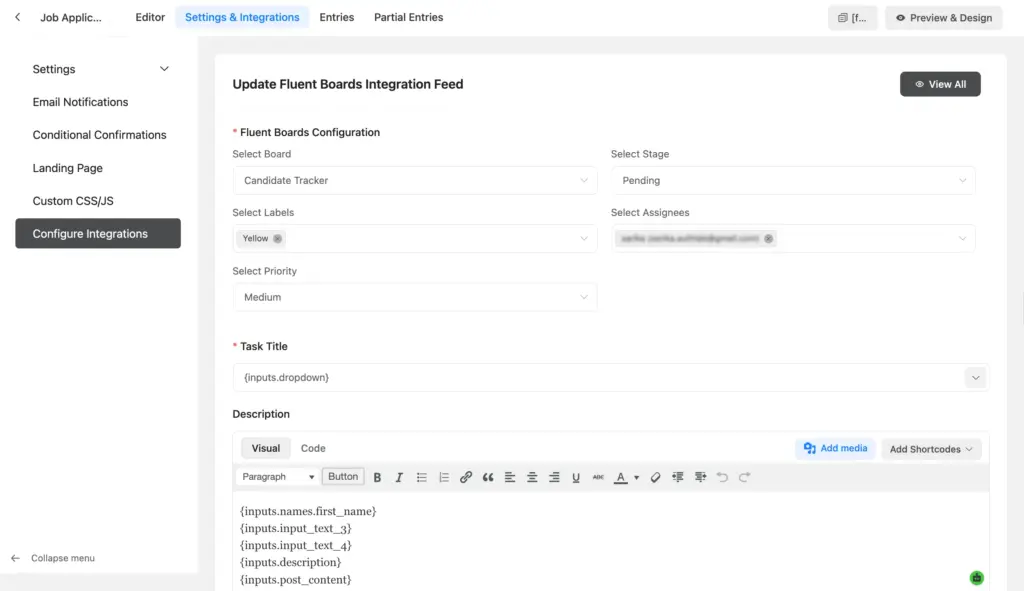 Fluent Boards integration feed showing the Candidate Tracker board, Pending stage, and a task title mapped to {inputs.dropdown}