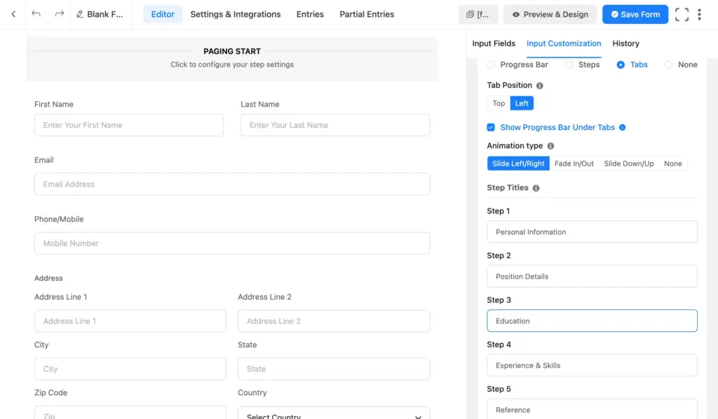 Fluent Forms editor showing a multi-step job application form with Personal Information fields (First Name, Last Name, Email, Phone, Address) and step titles for Position Details, Education, Experience & Skills, and Reference in the Input Customization panel.