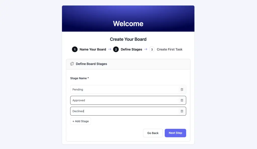 FluentBoards onboarding with “Define Stages” step and three stages created.