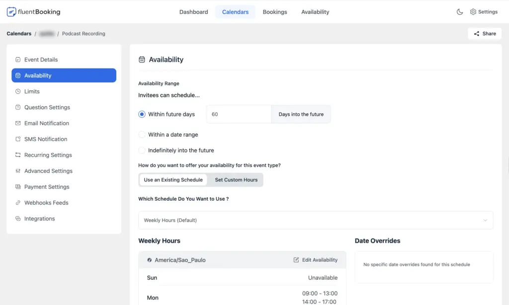 FluentBooking event and availability setup for podcast recordings
