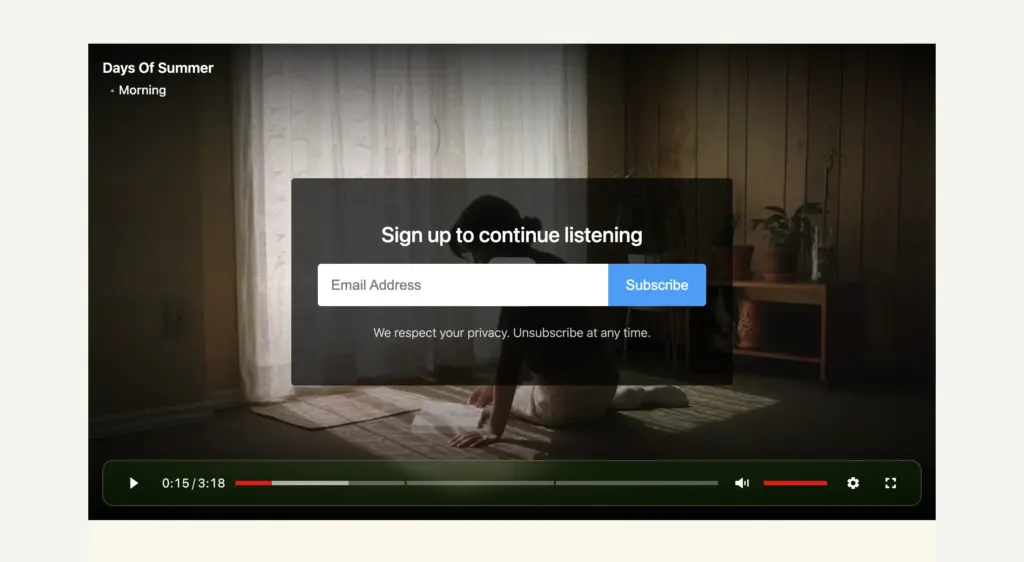 FluentPlayer email capture layer inside a podcast episode