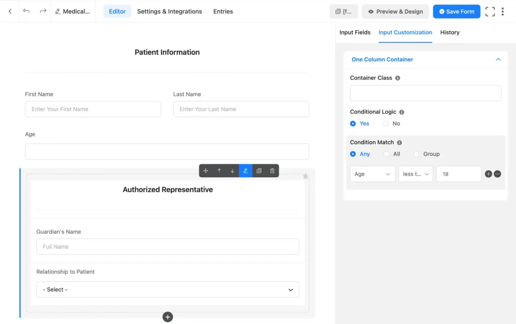 Configuring conditional logic to reveal guardian fields for minor patients